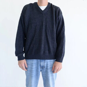 Vintage 90s Tip Top Tailors Navy Fine Knit 3D Pattern V Neck Pullover Sweater XL